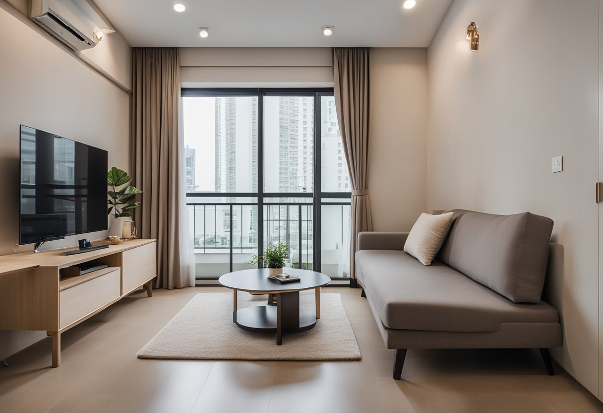 A cozy 2-room HDB flat with minimalist decor, featuring a neutral color palette, sleek furniture, and plenty of natural light
