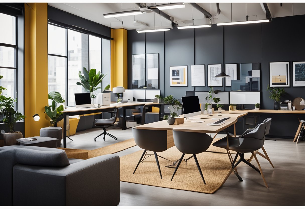 A modern office space with sleek furniture and vibrant accent colors. A team of designers collaborating on mood boards and floor plans
