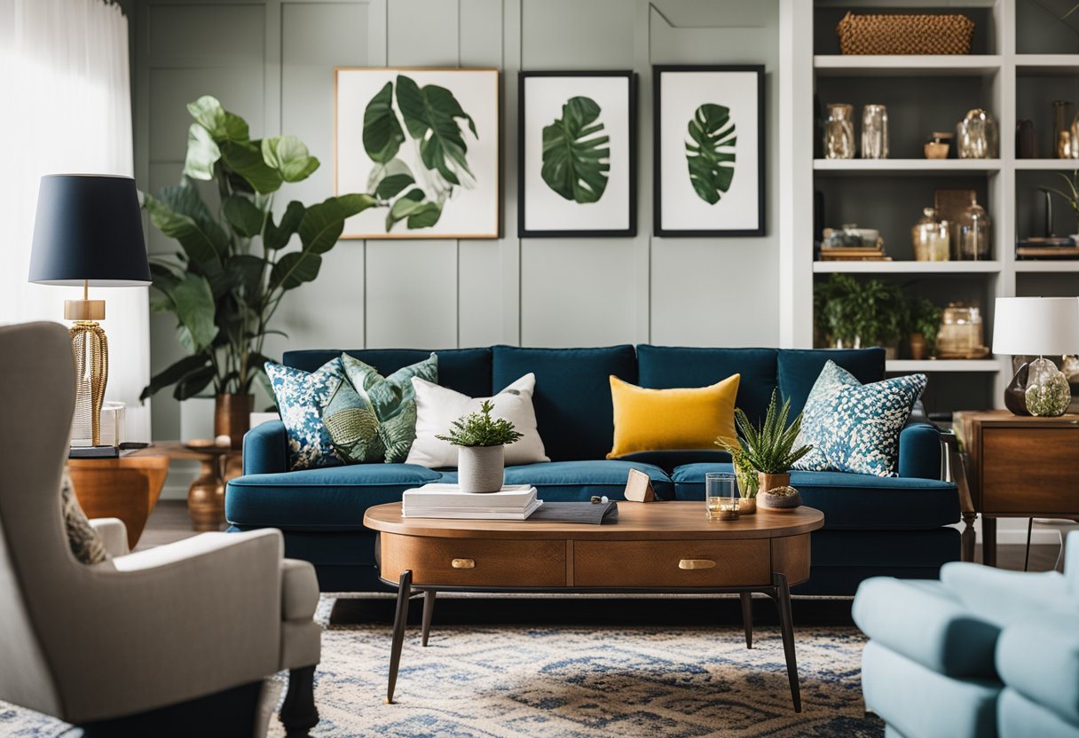 A well-curated living room with a mix of modern and vintage furniture, bold patterns, and a cohesive color palette