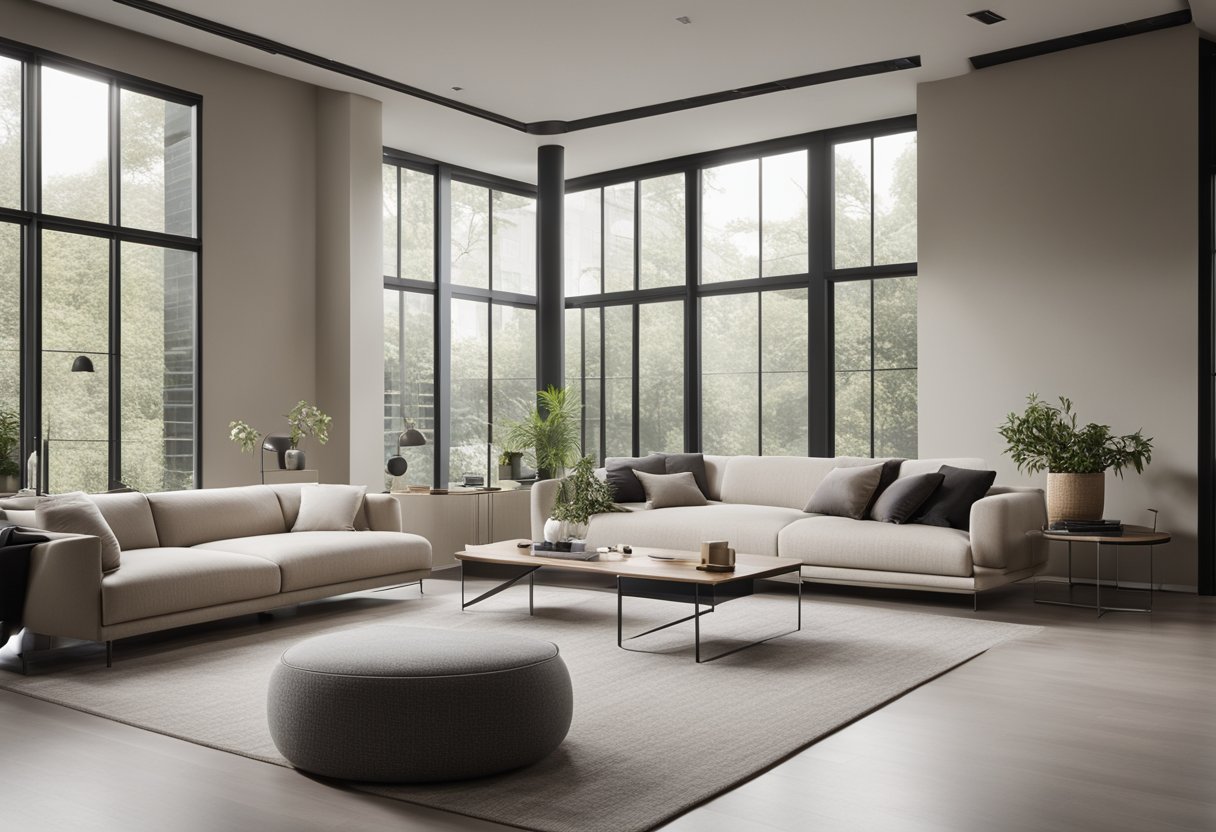 A modern and sleek interior space with clean lines, minimalist furniture, and a neutral color palette. Large windows allow natural light to flood the room, creating a sense of openness and tranquility