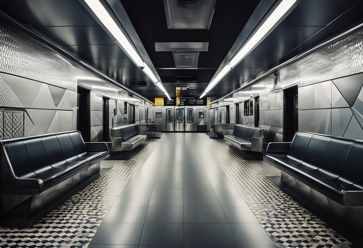 The subway interior features sleek metal panels, fluorescent lighting, and bold, geometric patterns on the walls. The seating is made of durable, easy-to-clean materials, and there are clear signage and maps for navigation