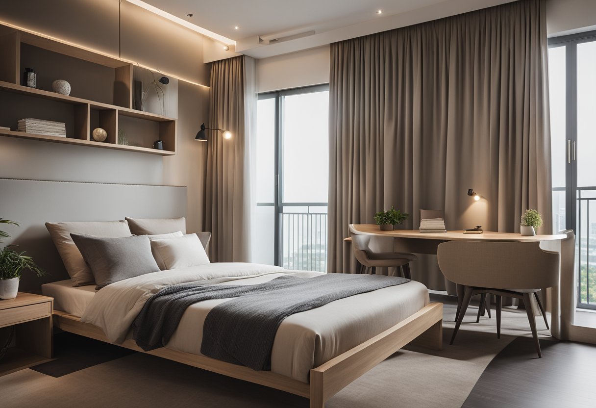 A cozy 2-room HDB flat with modern minimalist interior design. Neutral tones, sleek furniture, and natural lighting create a spacious and inviting atmosphere