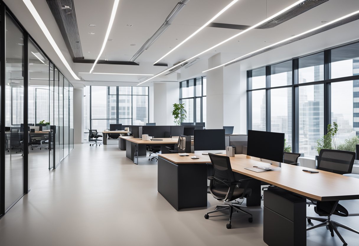 A sleek, modern office space with clean lines and minimalist furniture. The Absolook logo prominently displayed on the wall. Bright, natural light streaming in through large windows