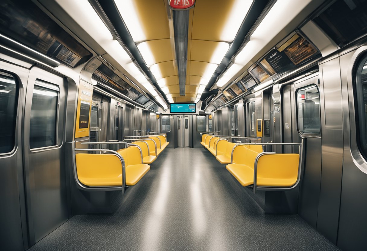 The subway interior features ergonomic seating, ample standing room, clear signage, and efficient lighting