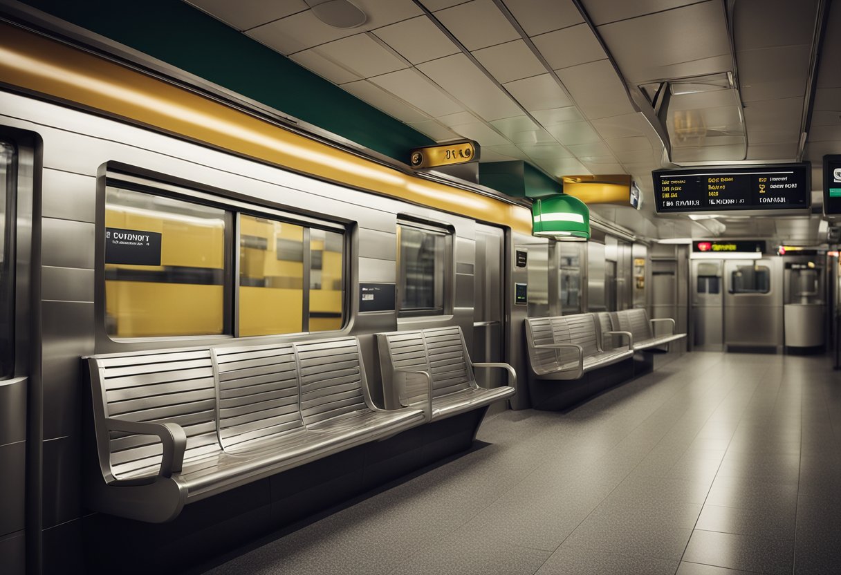 The subway interior features clean lines, modern seating, and directional signs. Bright lighting and a sleek color scheme create a welcoming atmosphere