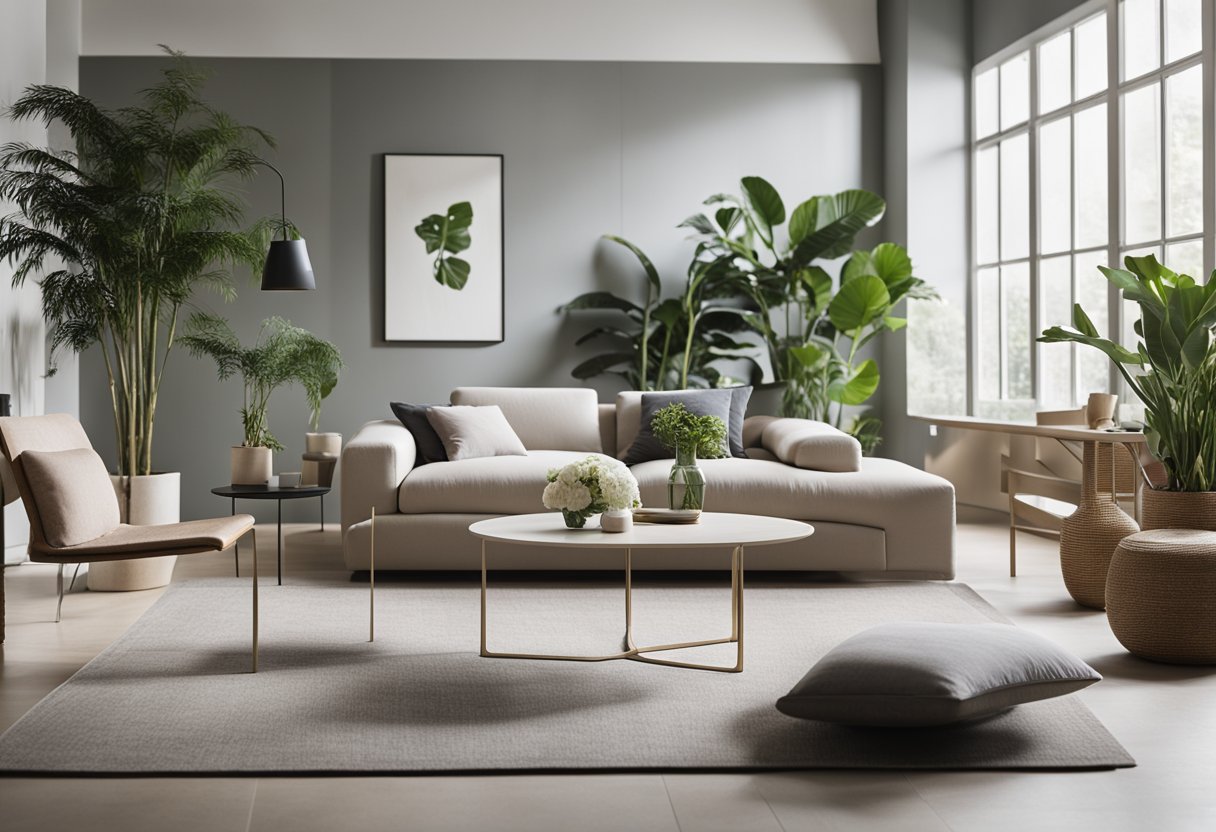 A modern, minimalist interior with clean lines, neutral tones, and sleek furniture. A sense of harmony and balance, with ample natural light and strategic use of plants for a touch of greenery