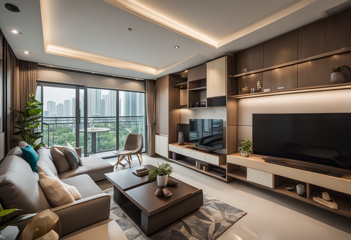 A 2-room HDB flat with modern, cost-efficient interior design. Considerations for renovation evident in layout and materials