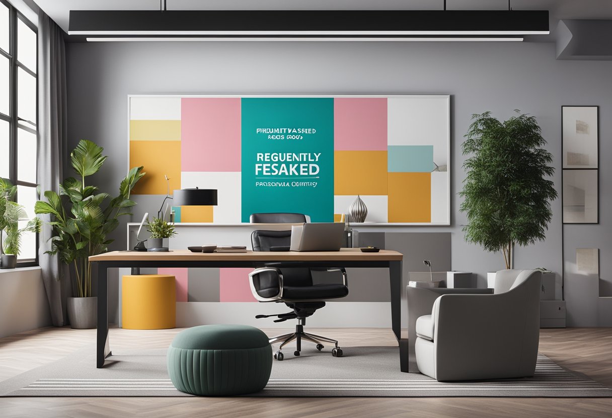 A modern, minimalist office space with sleek furniture and vibrant pops of color. A large sign reading "Frequently Asked Questions" hangs on the wall