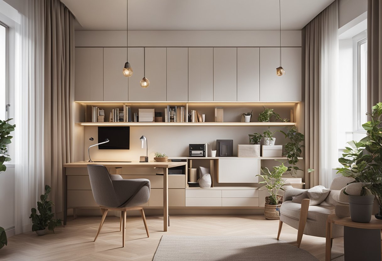 A cozy 2 room flat with modern furniture, neutral color palette, and clever storage solutions. Bright natural light fills the space, creating a warm and inviting atmosphere