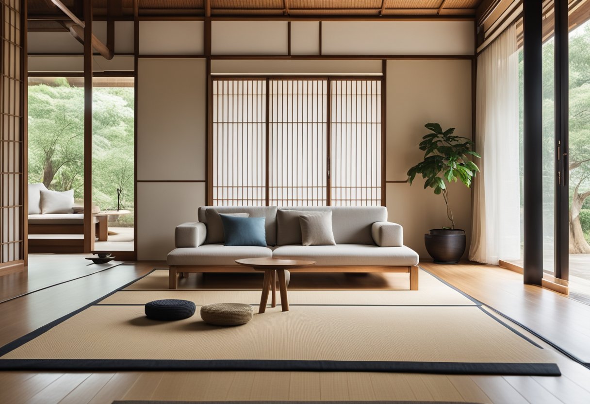 A minimalist living room with clean lines, low furniture, and shoji screens. Natural light filters through sliding doors, illuminating the tatami mat flooring and simple, elegant decor