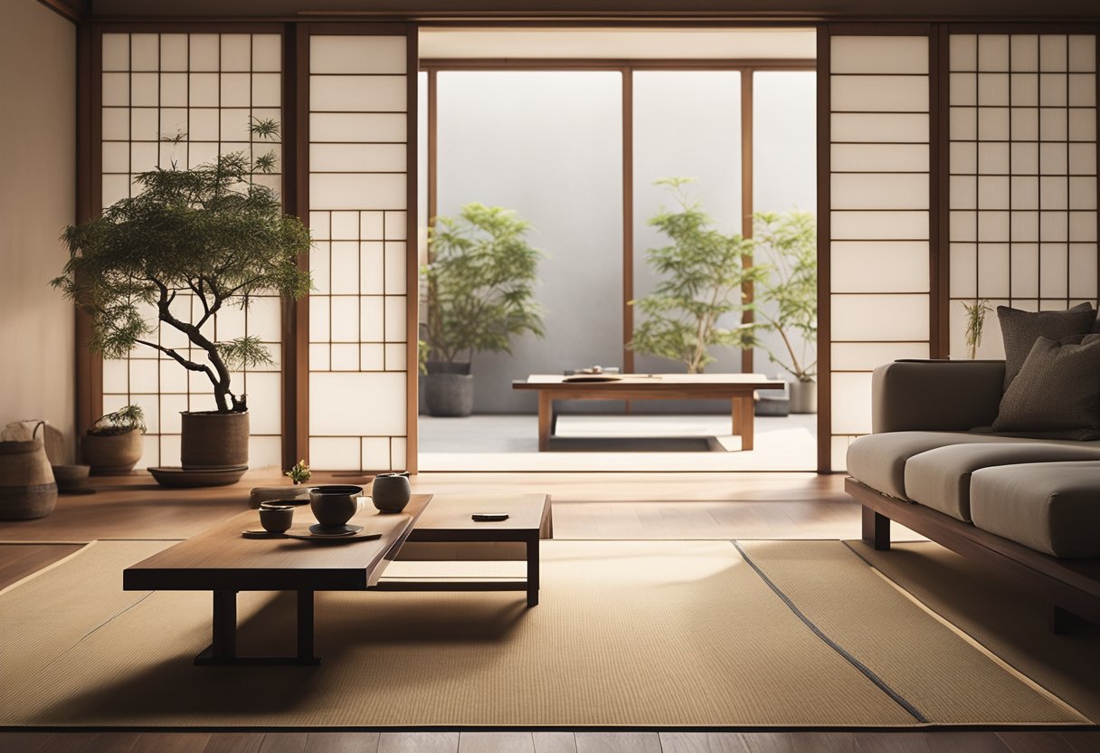A minimalist living room with low furniture, sliding shoji screens, tatami flooring, and a tokonoma alcove for displaying art or flowers