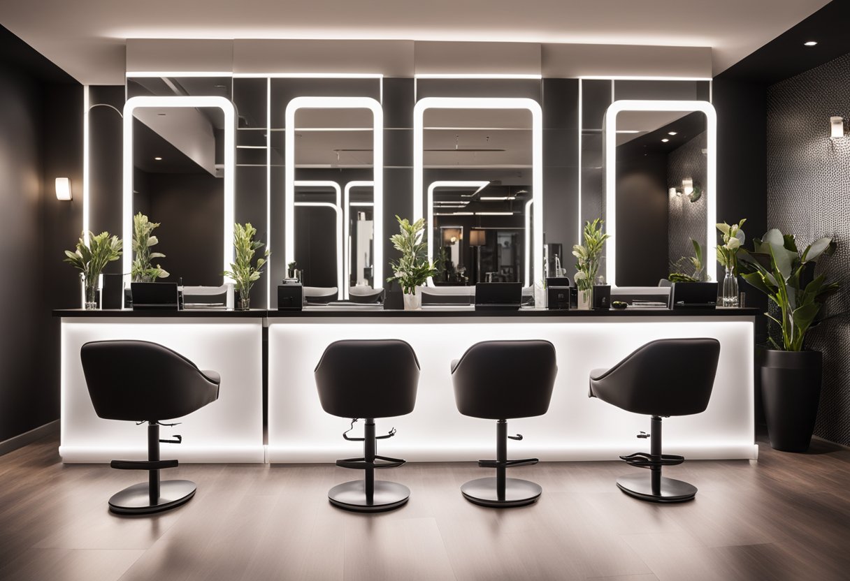 The salon shop interior features modern furniture, a sleek reception desk, and a row of mirrors with stylish lighting