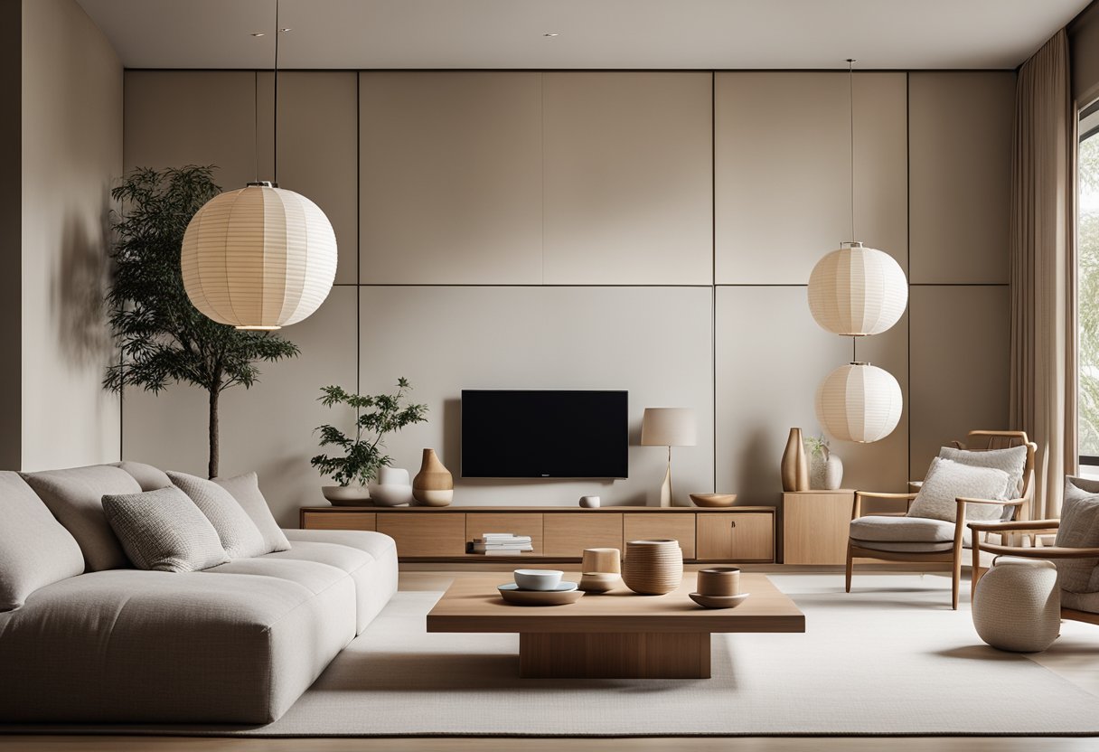 A minimalist living room with clean lines, natural materials, and a neutral color palette. Low furniture, paper lanterns, and shoji screens add a touch of Japanese influence to the modern design