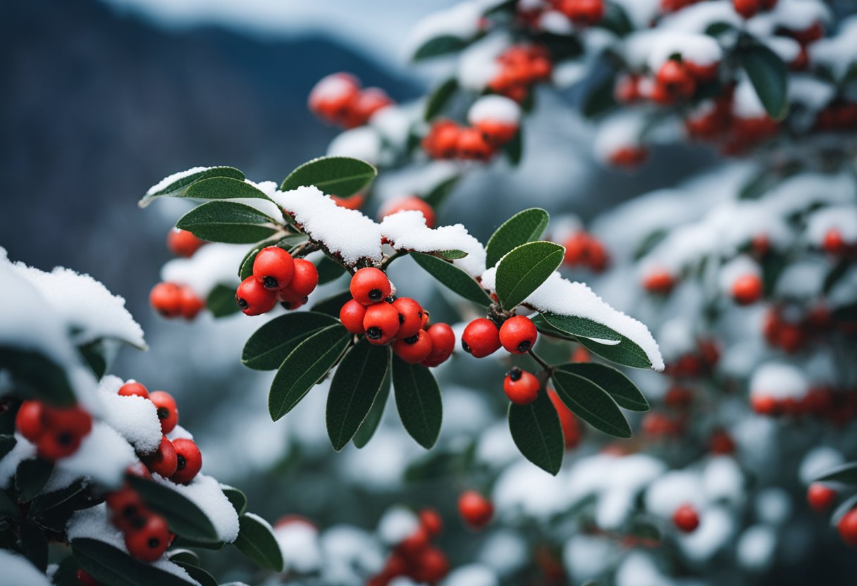 Bright red pyracantha berries contrast against dark green leaves, with a backdrop of snow-capped mountains