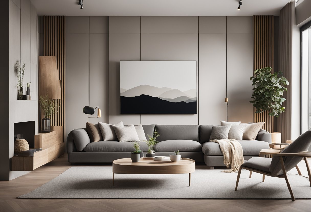 A modern living room with a minimalist design, featuring a neutral color palette, clean lines, and a mix of natural materials like wood and stone