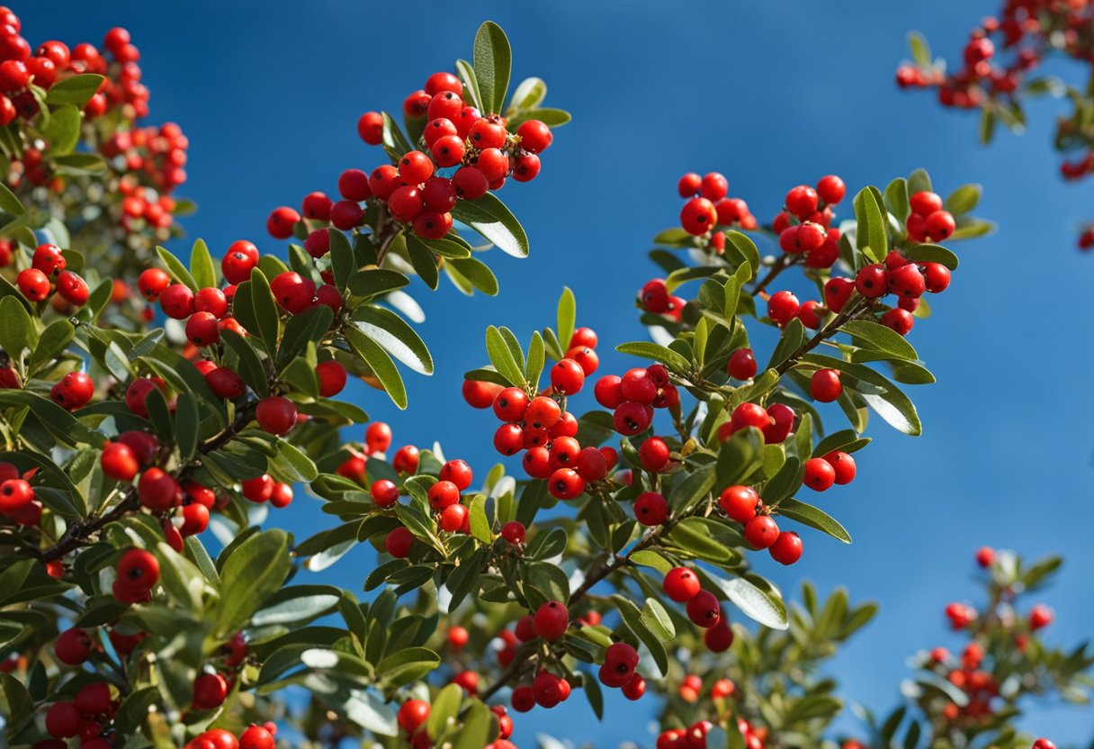 A vibrant yukon belle pyracantha bush with glossy green leaves and bright red berries, set against a backdrop of a clear blue sky
