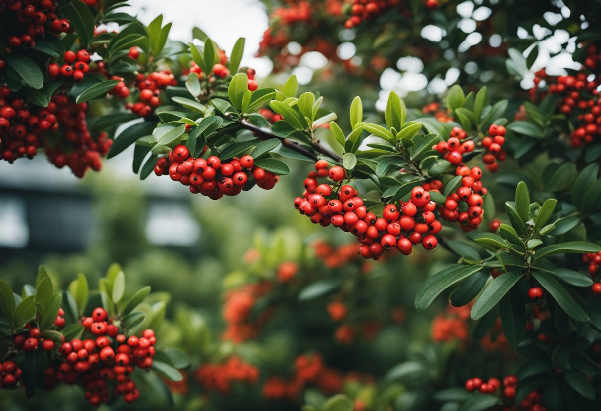 A lush garden featuring Yukon Belle Pyracantha shrubs, with vibrant red berries against dark green foliage, surrounded by carefully designed landscaping