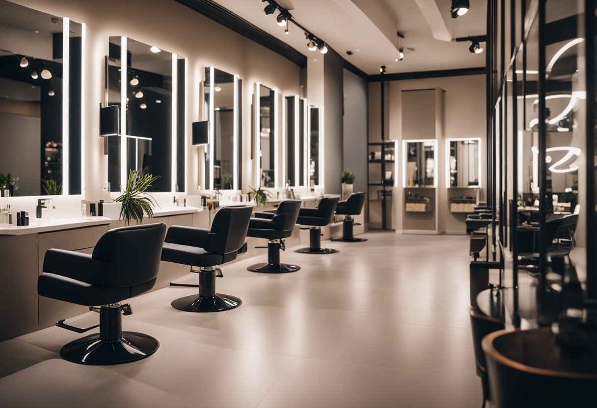 A modern salon shop interior with sleek furniture, soft lighting, and a clean, minimalist color palette