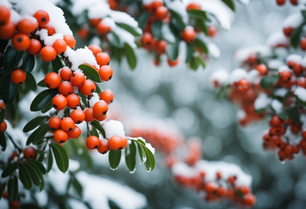 Bright red pyracantha berries contrast against green leaves in a winter landscape. Snow dusts the branches, creating a festive and seasonal scene
