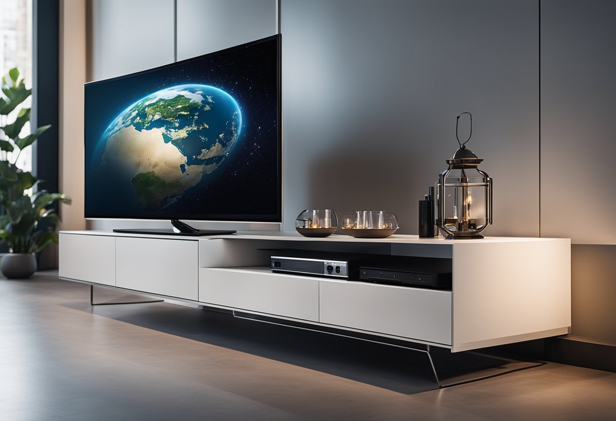 A sleek TV stand with a large flat-screen TV, surrounded by minimalist decor and soft lighting