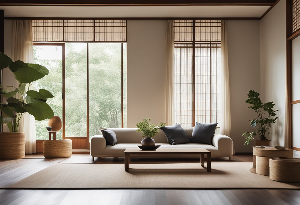 A spacious, minimalist living room with clean lines, low furniture, and natural materials. A large shoji screen lets in soft, diffused light, while a low table sits in the center of the room
