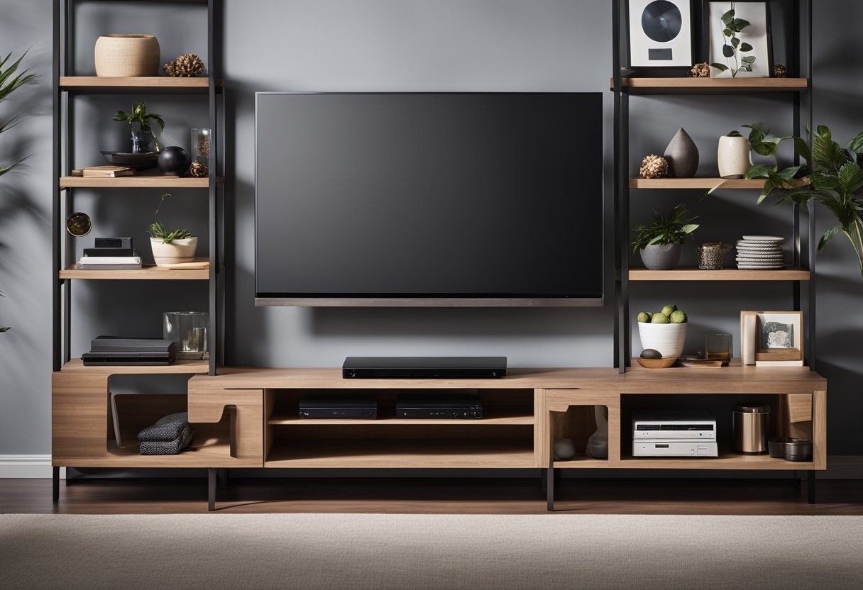 A sleek, modern TV stand with clean lines and open shelving, showcasing a curated collection of decorative objects and media equipment