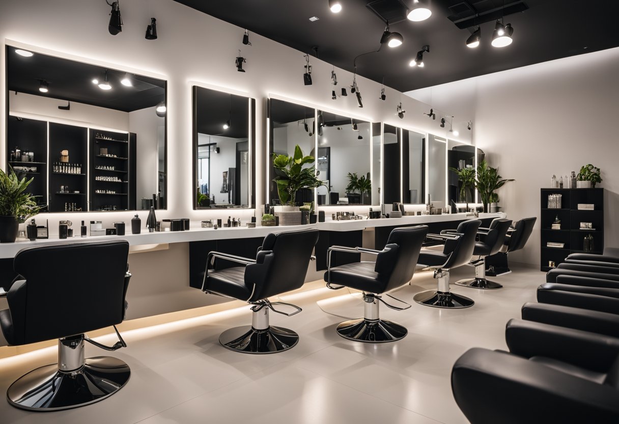 The salon shop interior features a functional layout with modern furnishings, including sleek chairs, stylish workstations, and a well-organized product display