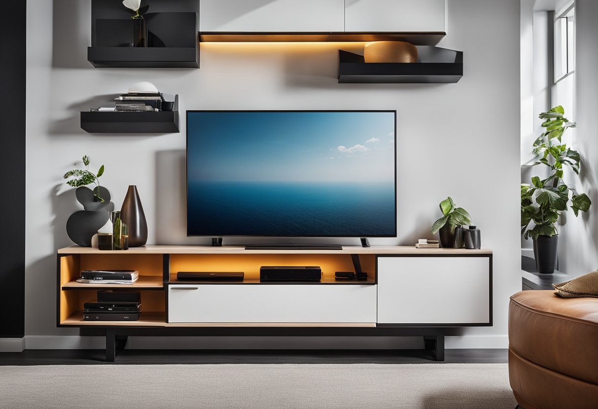 A sleek, modern TV stand with built-in LED lighting and hidden storage compartments. The design incorporates geometric shapes and bold colors for a contemporary look