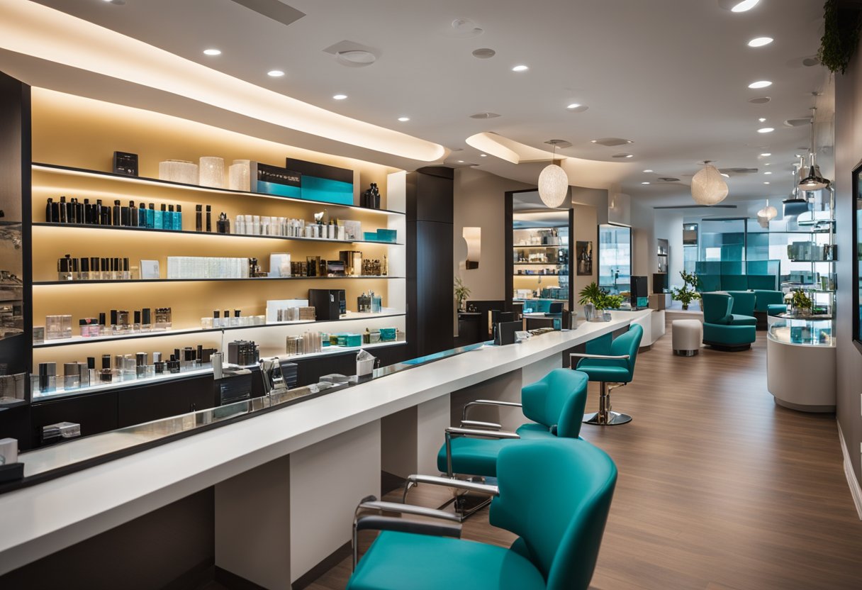 The salon shop interior features modern furniture, soft lighting, and a sleek reception desk. The walls are adorned with colorful artwork and shelves display various hair and beauty products