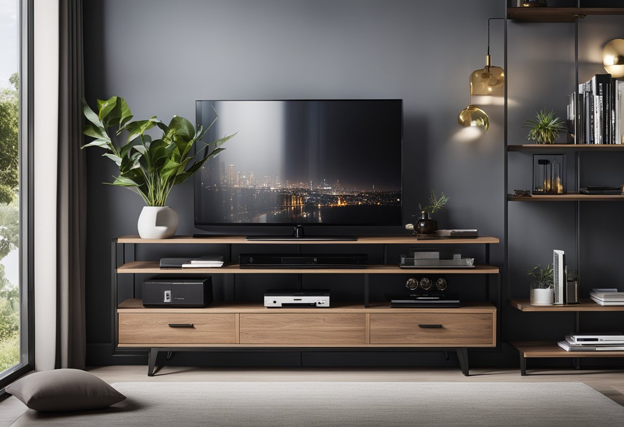 A modern TV stand with sleek lines and open shelves, adorned with decorative items and neatly organized electronic devices
