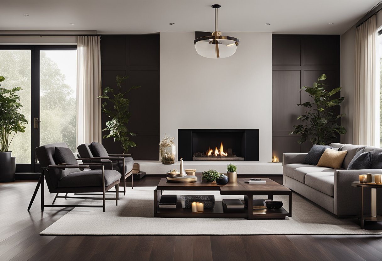 A spacious living room with rich, dark wood floors, accented by natural light streaming in from large windows. A cozy seating area with plush furniture and a sleek, modern fireplace completes the inviting space