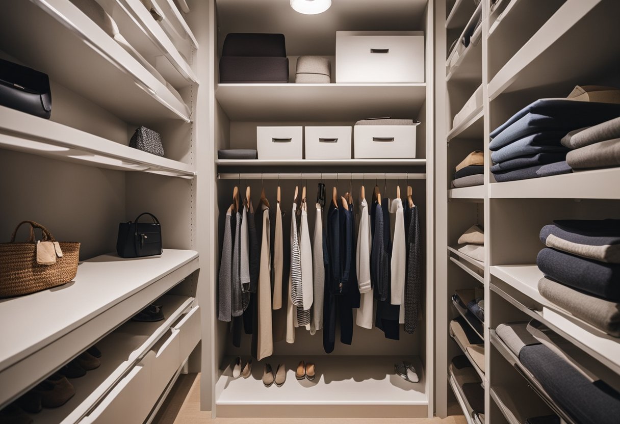 A small closet with organized shelves, hanging rods, and storage bins. Bright lighting and a mirror on the door