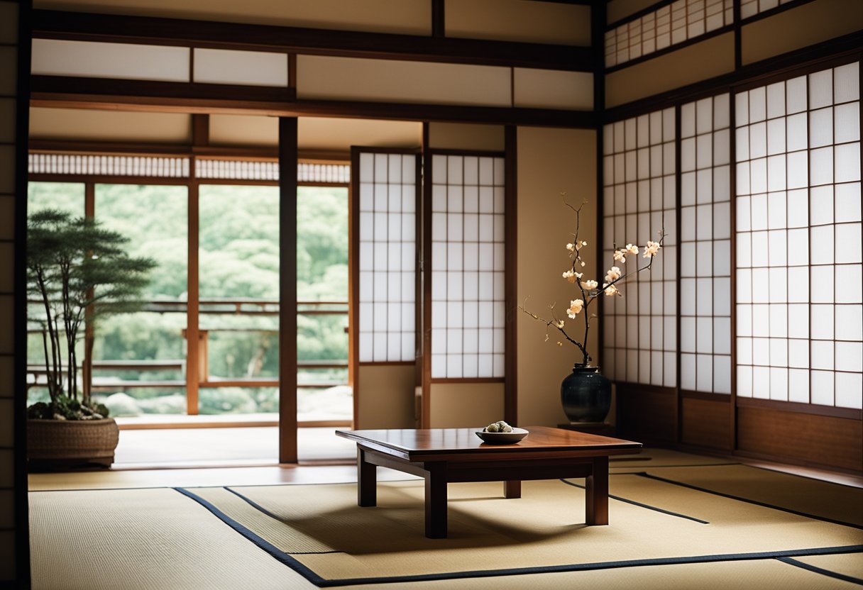 Traditional Japanese interior with tatami mats, low wooden furniture, sliding shoji doors, and minimal decor. A tokonoma alcove displays a scroll or ikebana arrangement