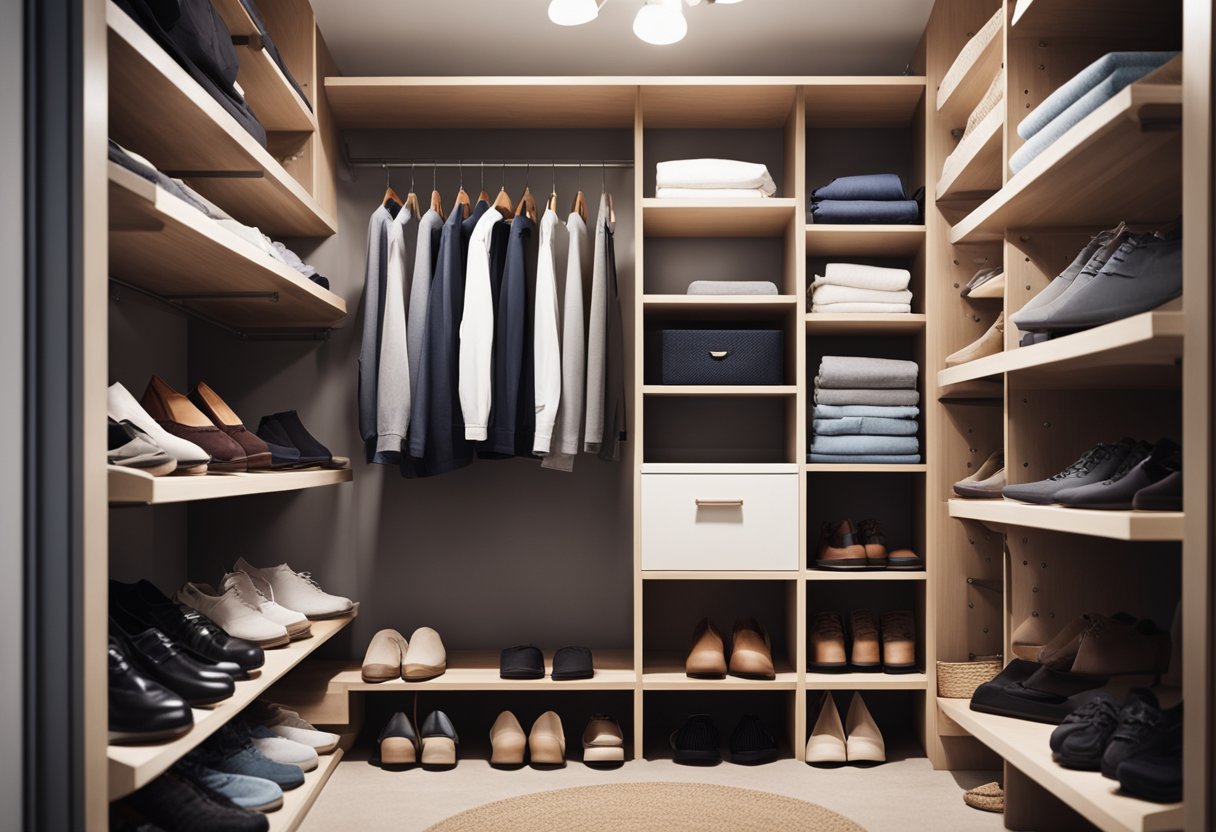 The small closet is organized with shelves, hanging rods, and storage bins. Clothes are neatly folded and shoes are lined up on the floor