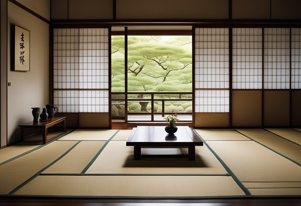 A minimalist tatami room with sliding shoji doors, low wooden furniture, and a tokonoma alcove displaying a simple ikebana arrangement
