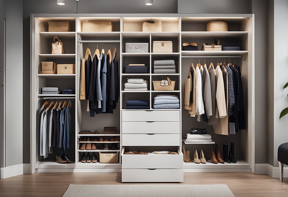 A small closet with organized shelves and drawers, featuring seasonal clothing and accessories. The design includes space-saving solutions and personalized touches for a stylish and functional lifestyle