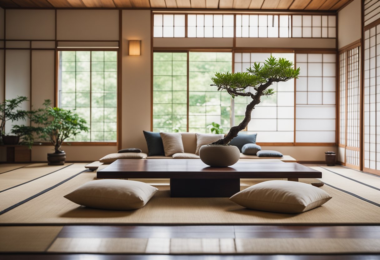 A minimalist living room with shoji screens, tatami mats, and bonsai trees. A low wooden table with floor cushions for seating. Clean lines and natural materials