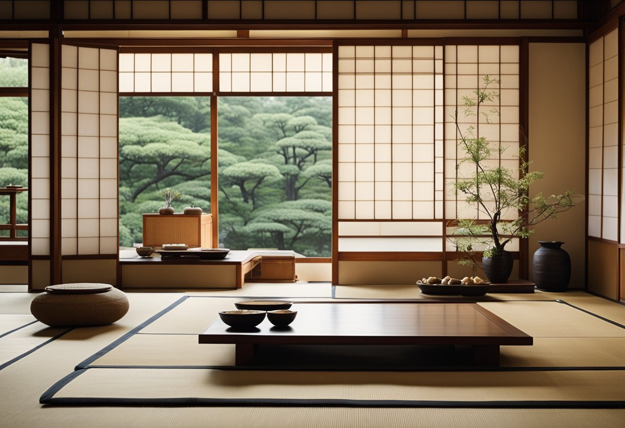 A serene Japanese-inspired interior with minimalist furniture, sliding shoji screens, tatami mats, and a traditional tokonoma alcove