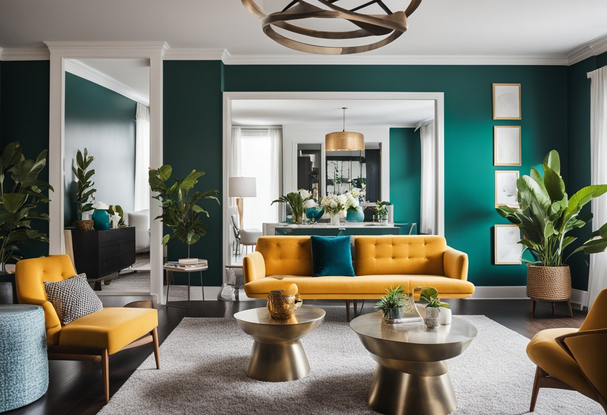 A well-lit living room with strategically placed mirrors, vibrant wall art, and a pop of color in the form of a bold accent chair