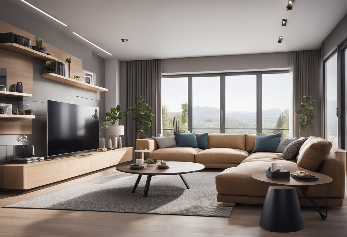 A spacious, modern living room with AI-powered smart devices seamlessly integrated into the design, showcasing a balance of creativity and practicality