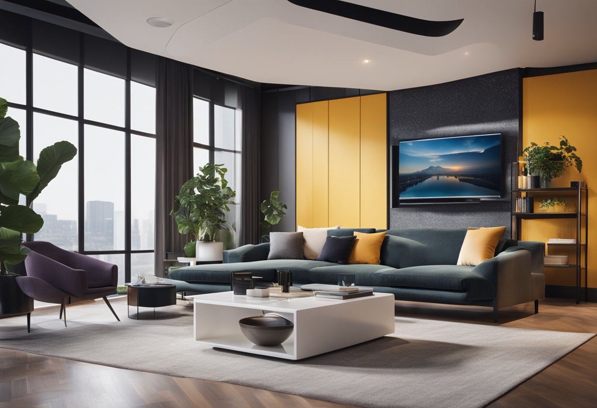 An AI software program designs a modern interior space with sleek furniture and vibrant color schemes
