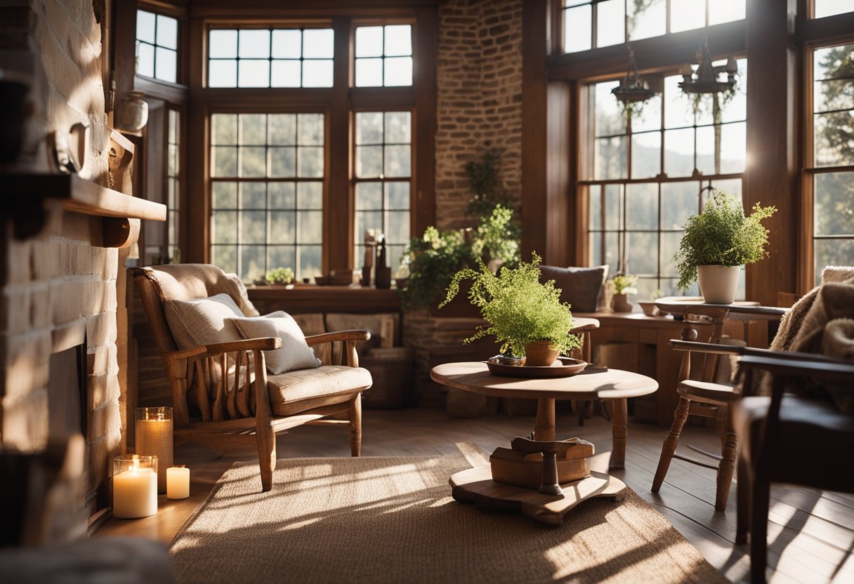 A cozy farmhouse interior with rustic wooden furniture, a crackling fireplace, and warm sunlight streaming through the windows, creating a welcoming and inviting atmosphere