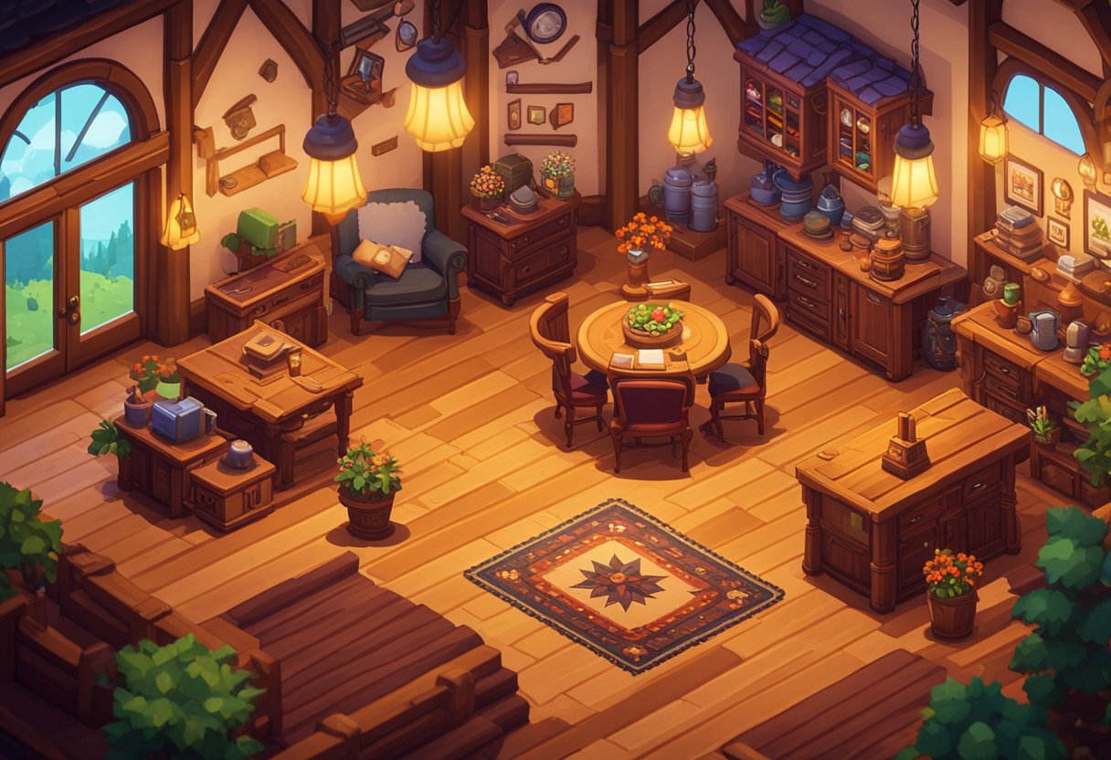 The interior of Stardew Valley's specialized areas and upgrades features cozy furnishings, modern decor, and vibrant colors, creating a welcoming and functional space