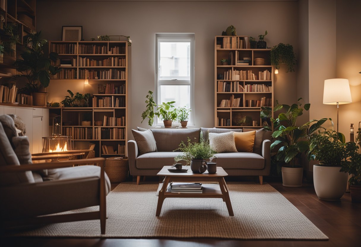 A cozy living room with a fireplace, warm lighting, and comfortable furniture. Shelves filled with books and plants, a rug on the floor, and a small table with a teapot and cups
