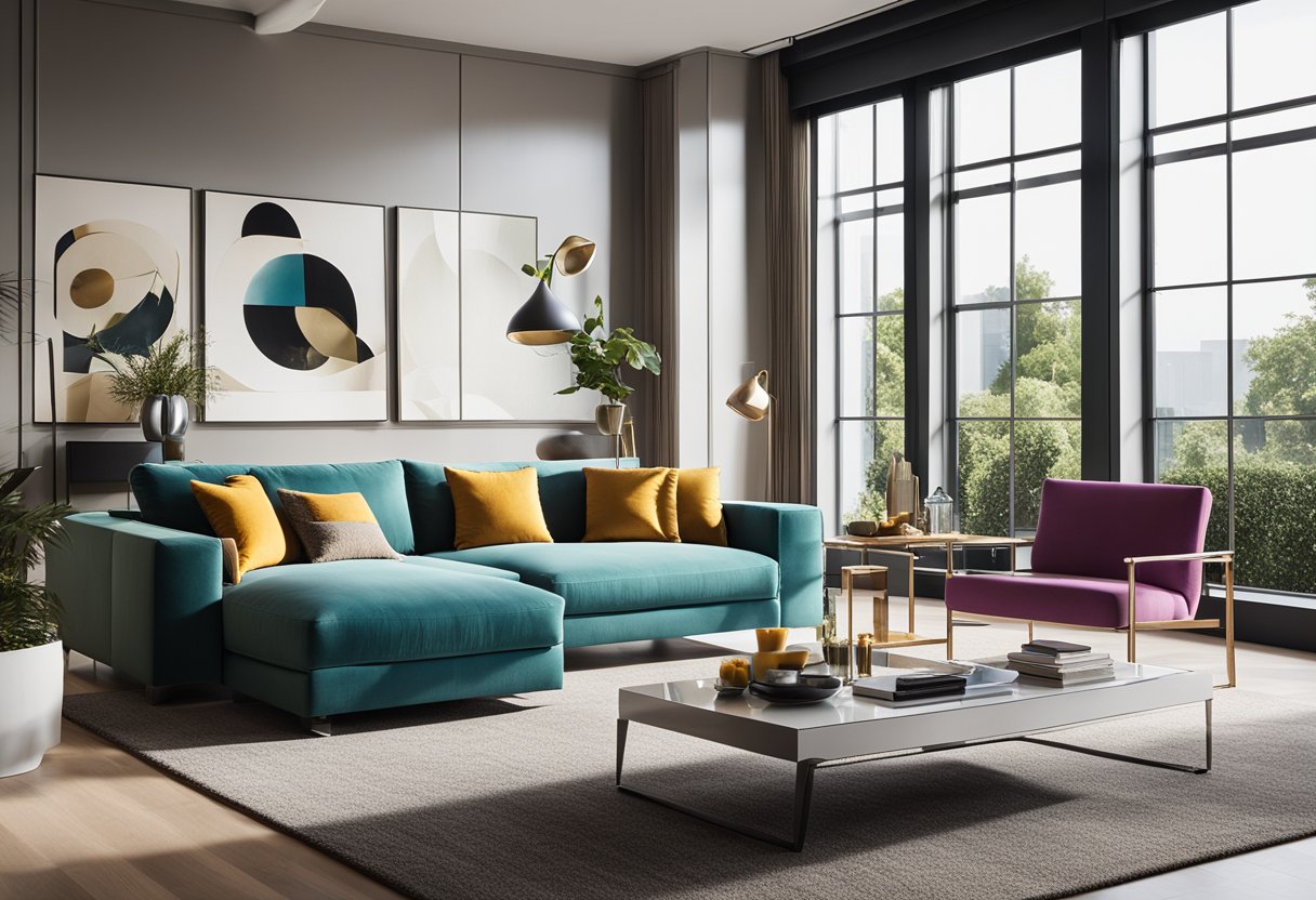 A sleek, modern living room with high-end furniture and vibrant color accents, bathed in natural light from large windows