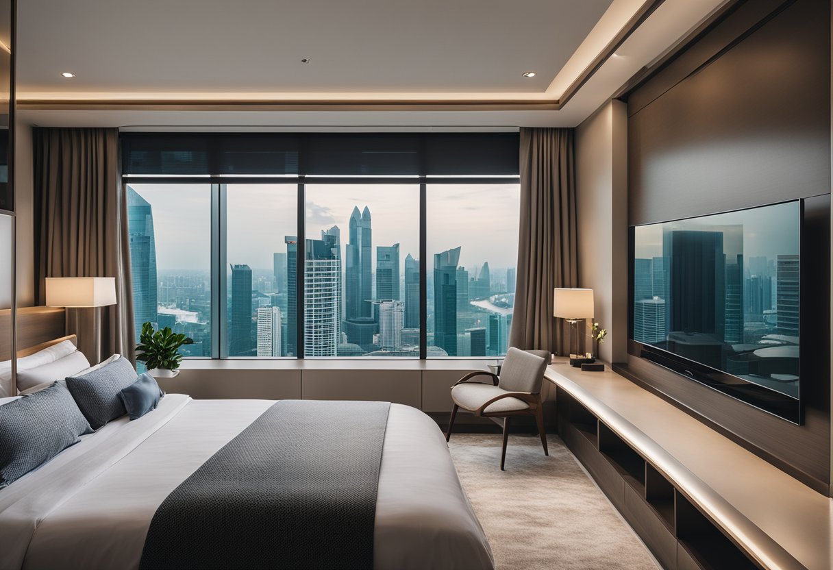 A modern bedroom in Singapore with sleek furniture, neutral color palette, and large windows overlooking the city skyline