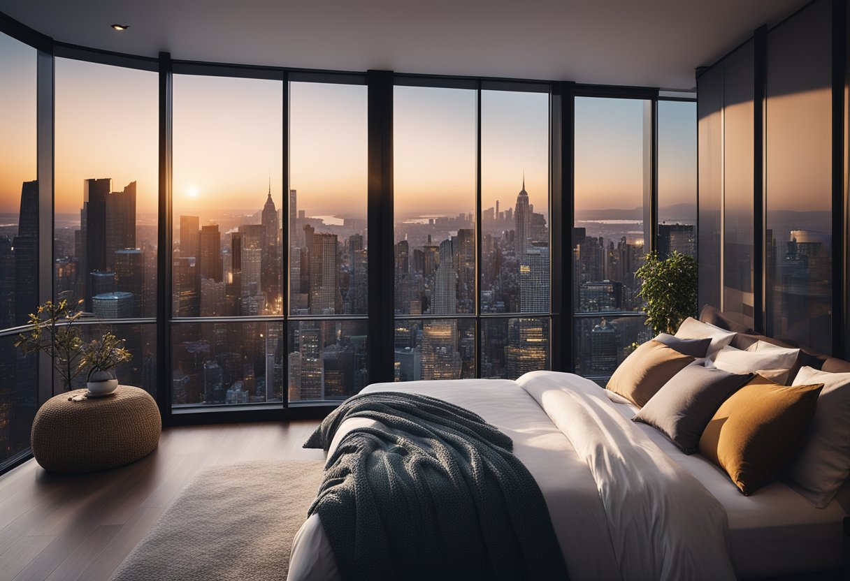 A cozy bedroom with a large, plush bed, sleek modern furniture, and soft, warm lighting. A city skyline view through floor-to-ceiling windows