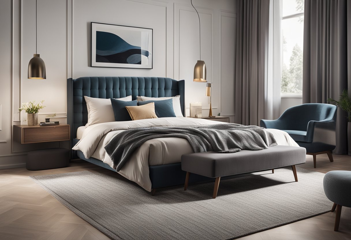 A bedroom with modern furnishings, including a sleek bed with a stylish headboard, a matching nightstand, and a cozy reading nook with a comfortable armchair and elegant floor lamp