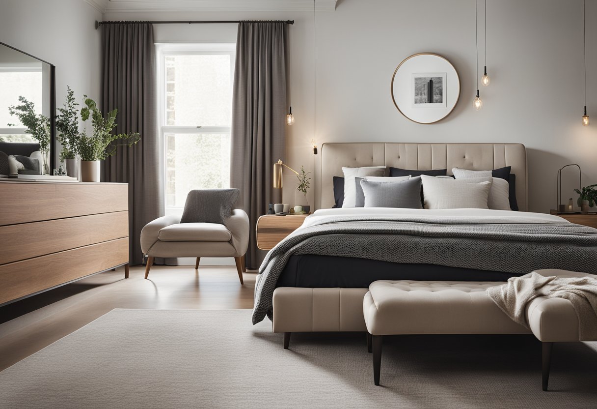 A modern bedroom with sleek furniture, soft lighting, and a neutral color palette. A large, comfortable bed takes center stage, while minimalistic decor and storage solutions create a clean and organized space