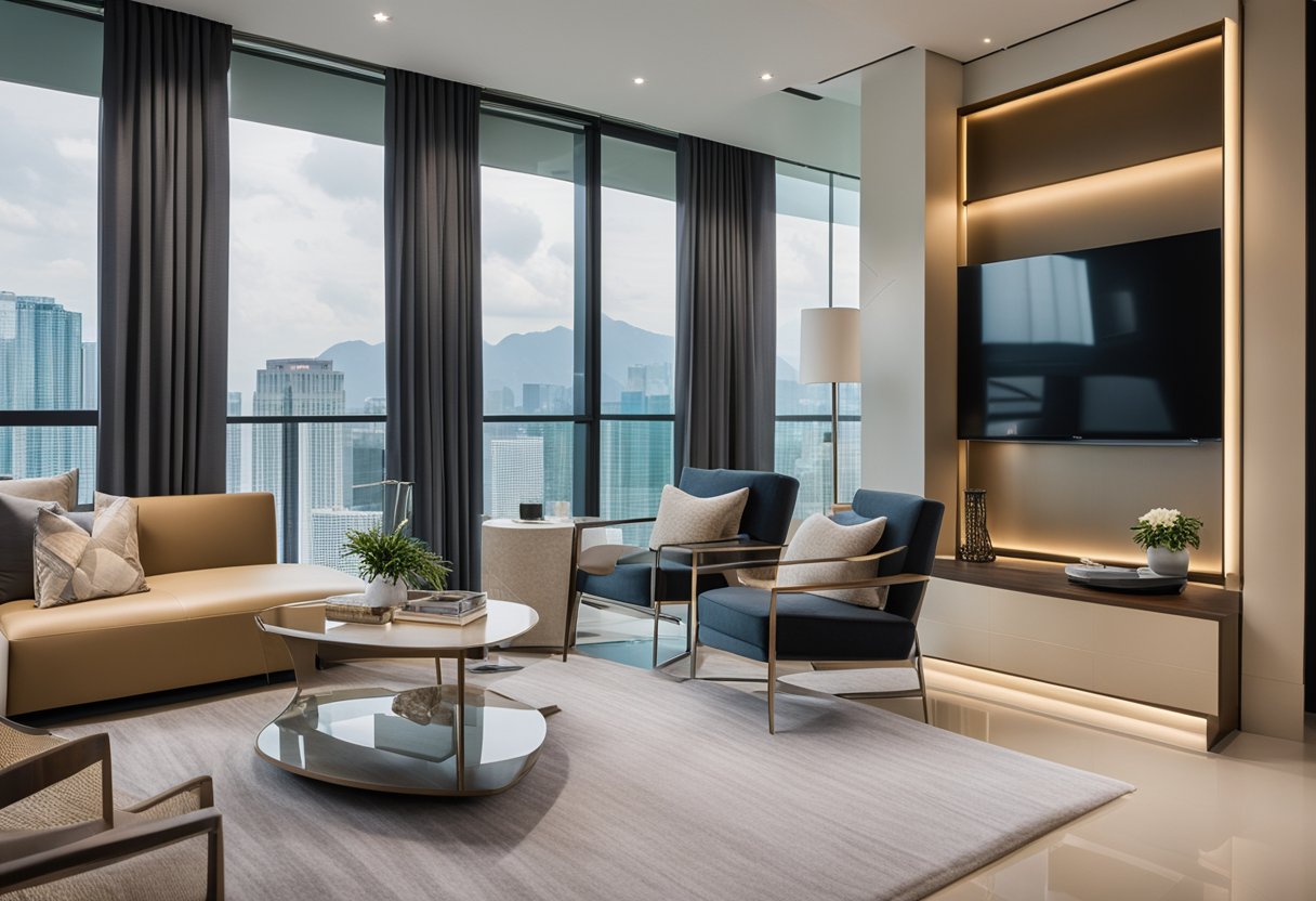 The interior of Vegas Interior Design Pte Ltd features sleek modern furniture, clean lines, and a neutral color palette with pops of vibrant accents